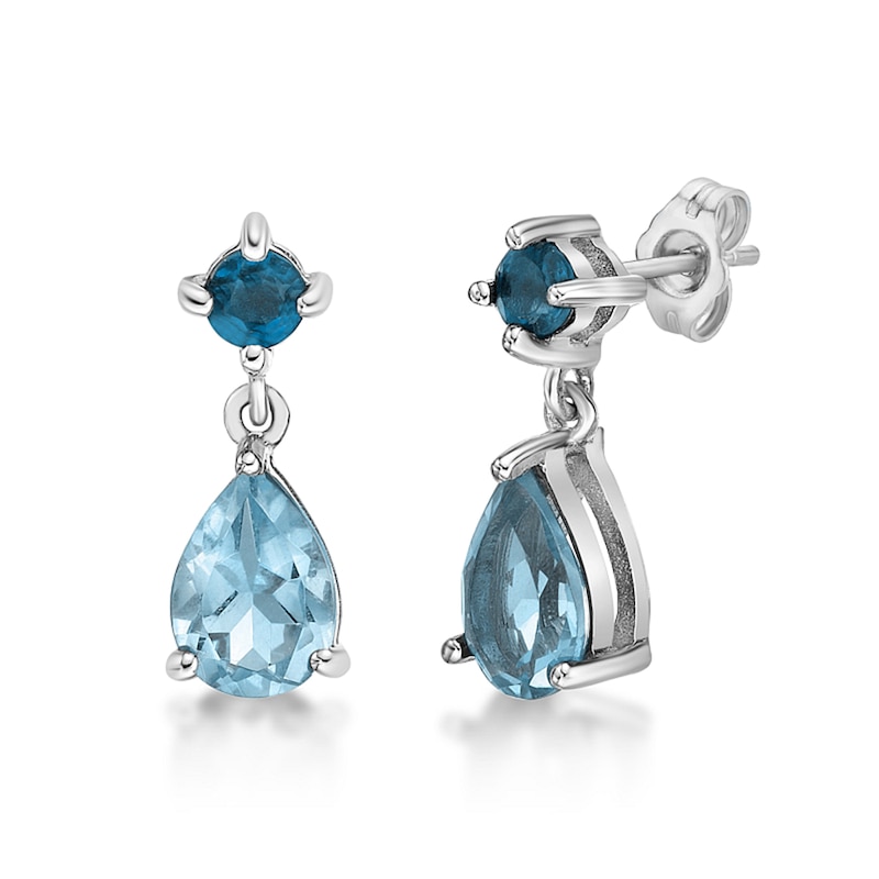 Main Image 1 of Pear-Shaped Swiss Blue and Round London Blue Topaz Drop Earrings in Sterling Silver