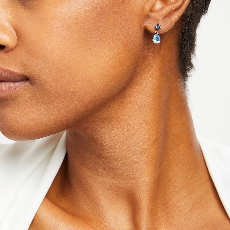 Main Image 2 of Pear-Shaped Swiss Blue and Round London Blue Topaz Drop Earrings in Sterling Silver