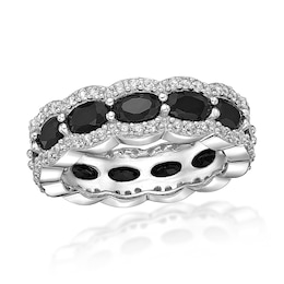 Oval Onyx and White Lab-Created Sapphire Scallop Edge Ring in Sterling Silver