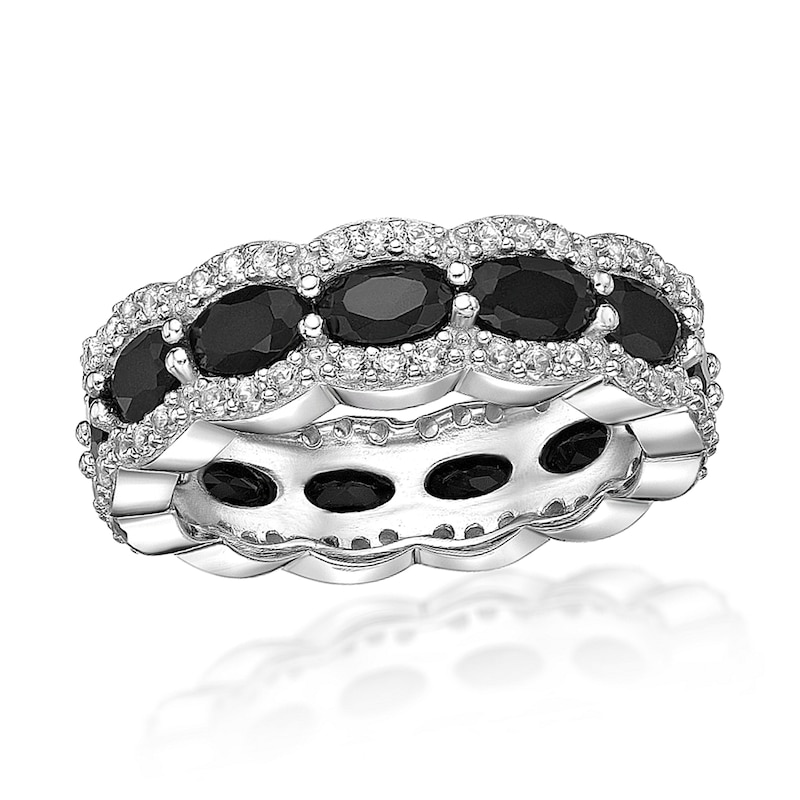 Main Image 1 of Oval Onyx and White Lab-Created Sapphire Scallop Edge Ring in Sterling Silver