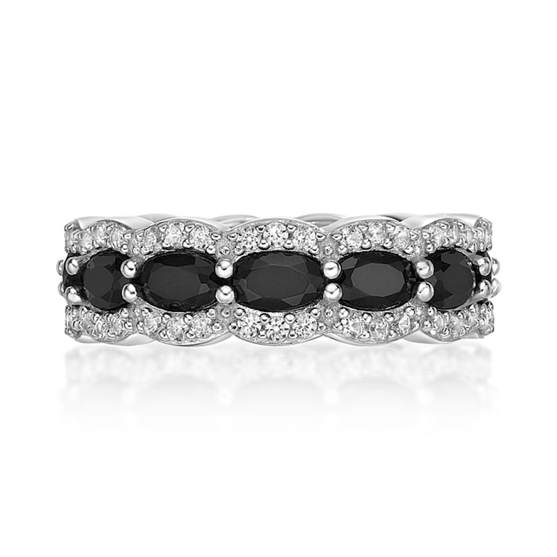 Main Image 4 of Oval Onyx and White Lab-Created Sapphire Scallop Edge Ring in Sterling Silver