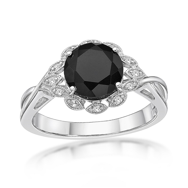 Main Image 1 of 8.0mm Onyx and White Topaz Marquise Frame Twist Shank Ring in Sterling Silver