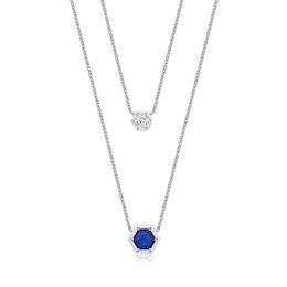 6.0mm Hexagonal Blue and 4.0mm White Lab-Created Sapphire Double Strand Necklace in Sterling Silver - 16"