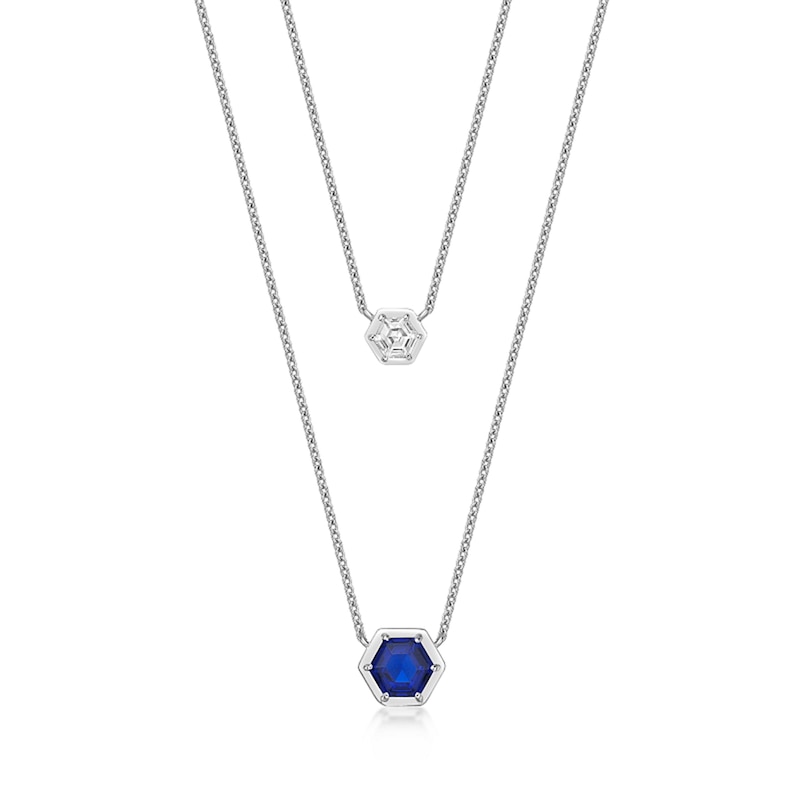 Main Image 1 of 6.0mm Hexagonal Blue and 4.0mm White Lab-Created Sapphire Double Strand Necklace in Sterling Silver - 16"