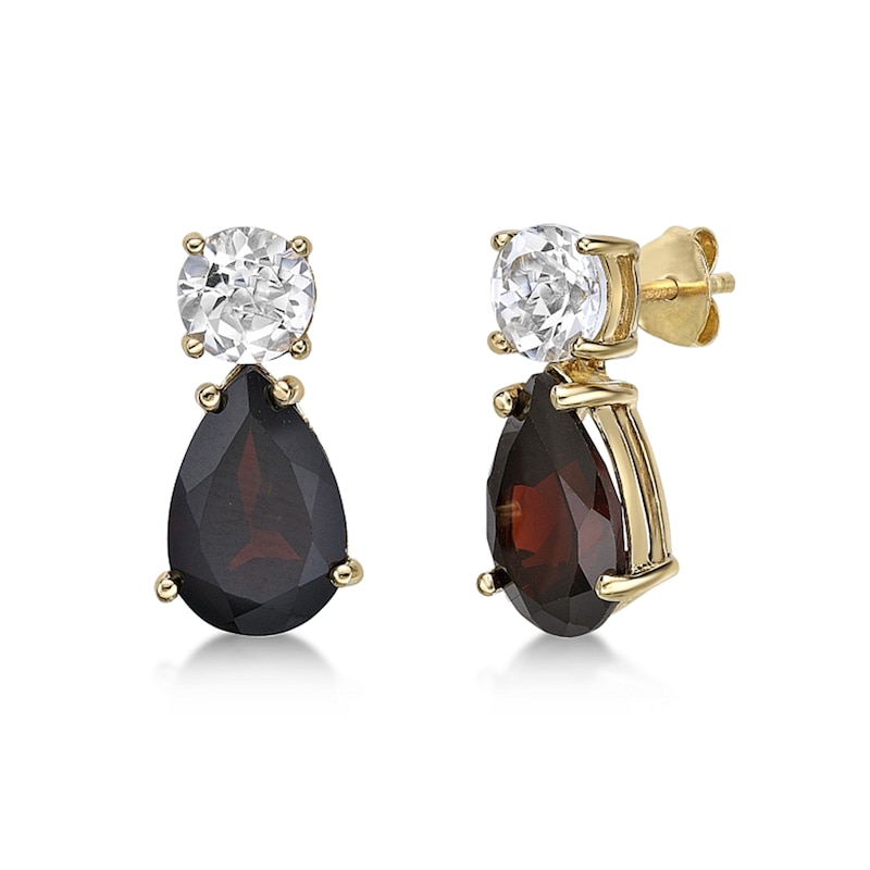 Main Image 1 of Pear-Shaped Garnet and White Topaz Drop Earrings in Sterling Silver with 18K Gold Plate