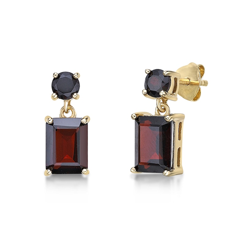 Main Image 1 of Emerald-Cut and Round Garnet Drop Earrings in Sterling Silver with 18K Gold Plate