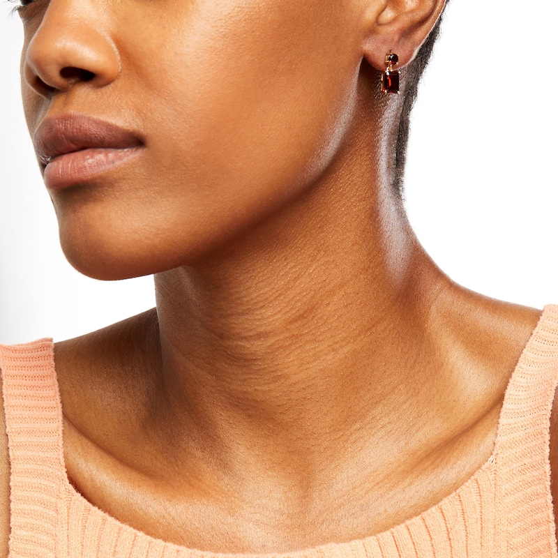 Main Image 2 of Emerald-Cut and Round Garnet Drop Earrings in Sterling Silver with 18K Gold Plate
