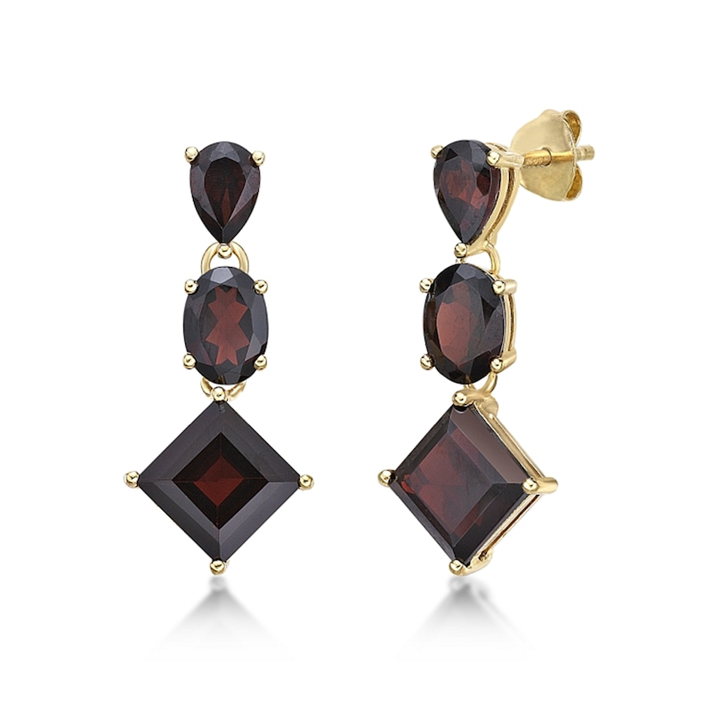 Main Image 1 of Princess-Cut, Oval and Pear-Shaped Garnet Three Stone Drop Earrings in Sterling Silver with 18K Gold Plate