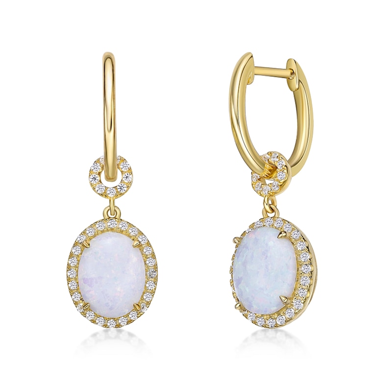 Main Image 1 of Oval Lab-Created Opal and White Topaz Frame Drop Earrings in Sterling Silver with 18K Gold Plate