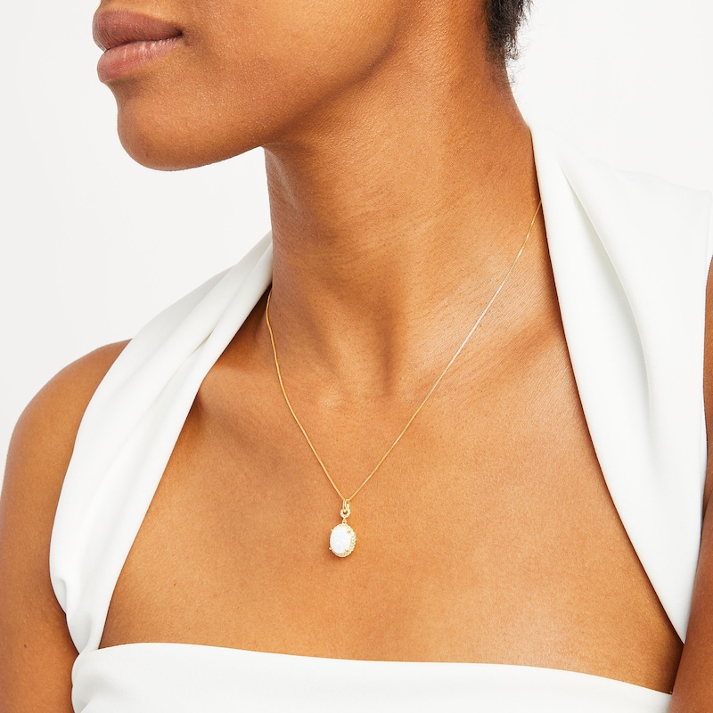 Main Image 2 of Oval Lab-Created Opal and White Lab-Created Sapphire Frame Pendant in Sterling Silver with 18K Gold Plate