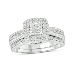 1/3 CT. T.W. Princess-Shaped Multi-Diamond Double Frame Vintage-Style Bridal Set in Sterling Silver