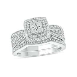 1/4 CT. T.W. Cushion-Shaped Multi-Diamond Double Frame Vintage-Style Bridal Set in Sterling Silver
