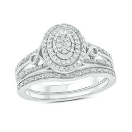 1/4 CT. T.W. Oval Multi-Diamond Double Frame Loop Sides Split Shank Bridal Set in Sterling Silver