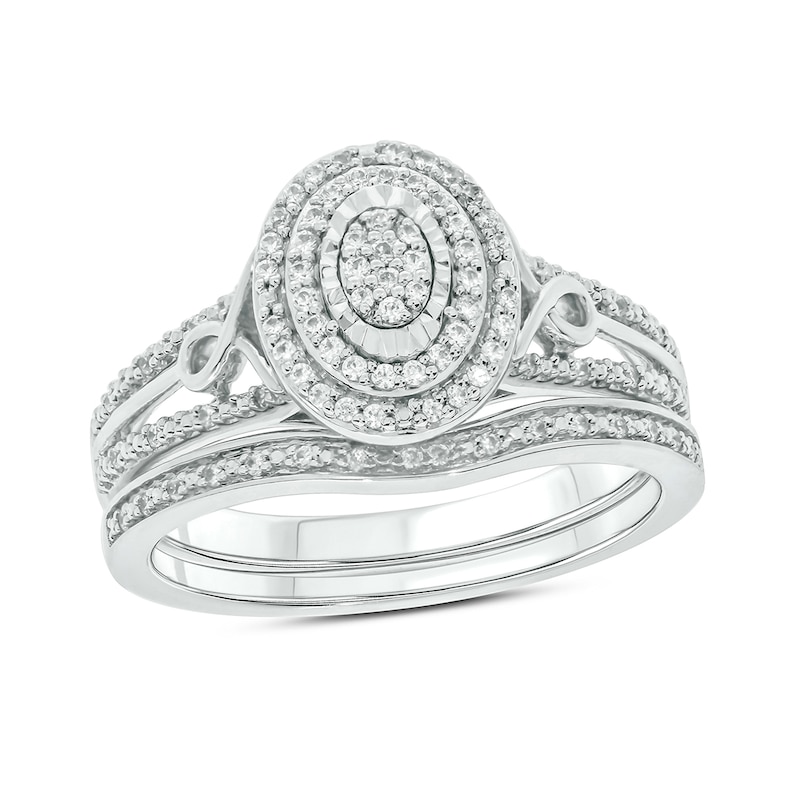 Main Image 1 of 1/4 CT. T.W. Oval Multi-Diamond Double Frame Loop Sides Split Shank Bridal Set in Sterling Silver