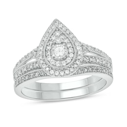1/3 CT. T.W. Pear-Shaped Multi-Diamond Double Frame Vintage-Style Bridal Set in Sterling Silver
