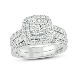 1/3 CT. T.W. Cushion-Shaped Multi-Diamond Double Frame Split Shank Bridal Set in Sterling Silver