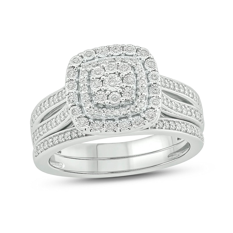 Main Image 1 of 1/3 CT. T.W. Cushion-Shaped Multi-Diamond Double Frame Split Shank Bridal Set in Sterling Silver