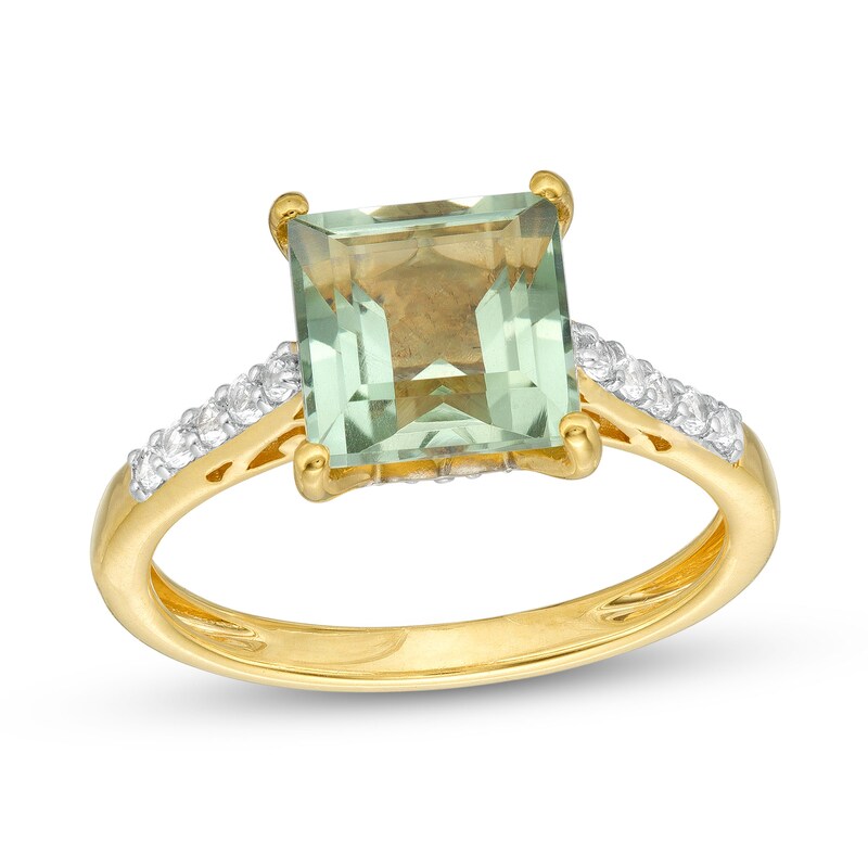 Main Image 1 of 8.0mm Princess-Cut Green Quartz and White Lab-Created Sapphire Ring in Sterling Silver with 14K Gold Plate - Size 7