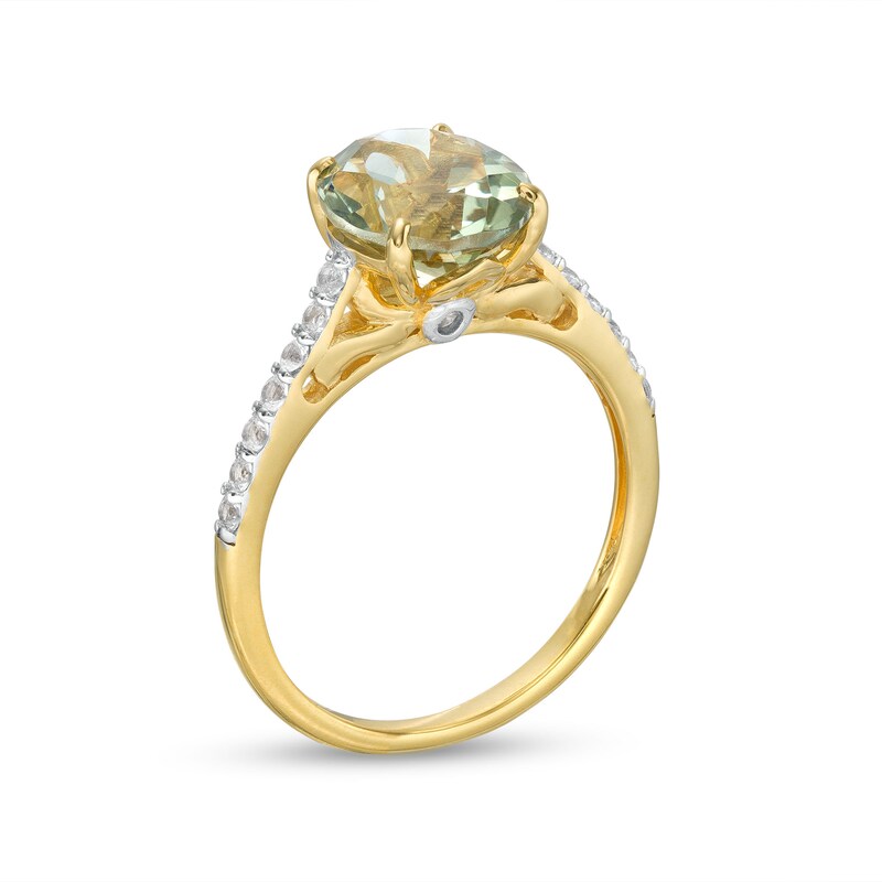 Main Image 2 of Oval Green Quartz and White Lab-Created Sapphire Ring in Sterling Silver with 14K Gold Plate - Size 7
