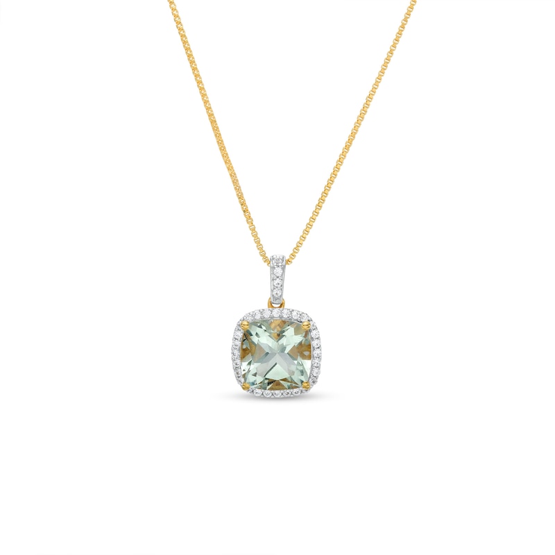 Main Image 1 of 8.0mm Cushion-Cut Green Quartz and White Lab-Created Sapphire Frame Pendant in Sterling Silver with 14K Gold Plate