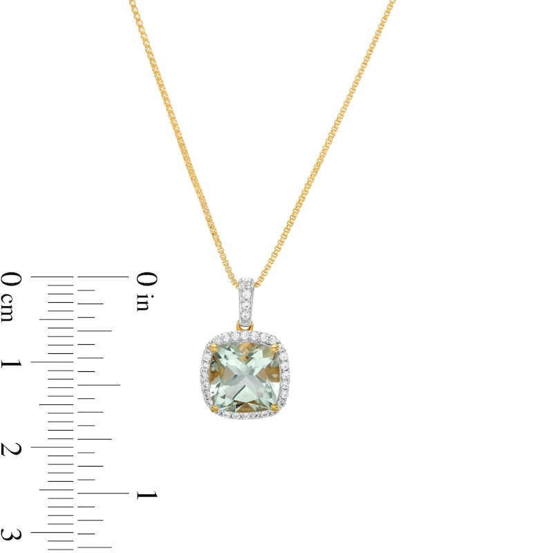 Main Image 2 of 8.0mm Cushion-Cut Green Quartz and White Lab-Created Sapphire Frame Pendant in Sterling Silver with 14K Gold Plate