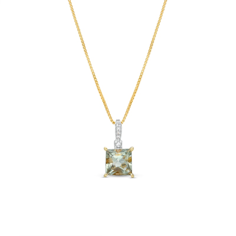 Main Image 1 of 7.0mm Princess-Cut Green Quartz and White Lab-Created Sapphire Pendant in Sterling Silver with 14K Gold Plate