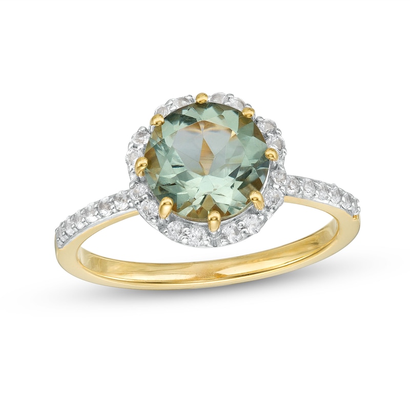 8.0mm Green Quartz and White Lab-Created Sapphire Flower Frame Ring in Sterling Silver with 14K Gold Plate - Size 7