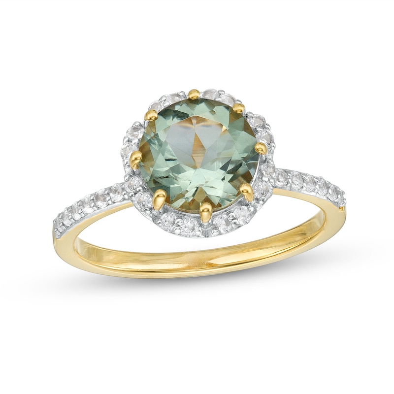 Main Image 1 of 8.0mm Green Quartz and White Lab-Created Sapphire Flower Frame Ring in Sterling Silver with 14K Gold Plate - Size 7