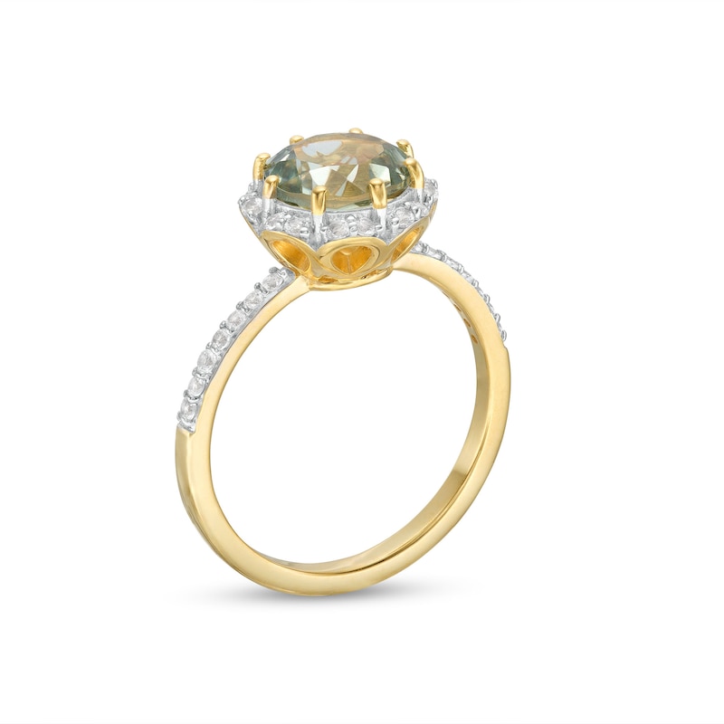 Main Image 2 of 8.0mm Green Quartz and White Lab-Created Sapphire Flower Frame Ring in Sterling Silver with 14K Gold Plate - Size 7