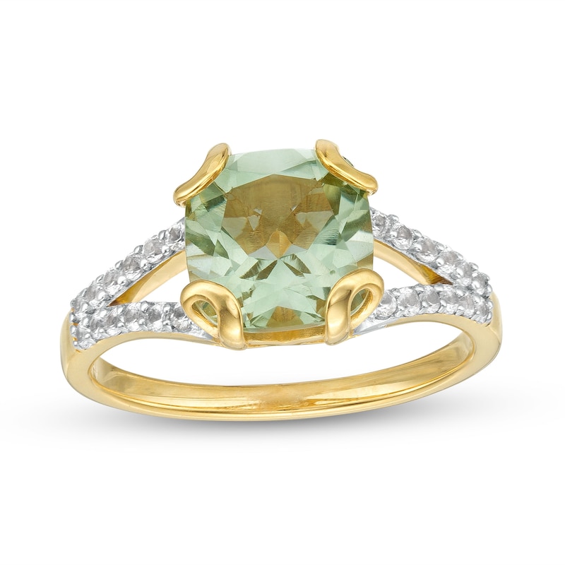 8.0mm Cushion-Cut Green Quartz and White Lab-Created Sapphire Split Shank Ring in Sterling Silver with 14K Gold Plate