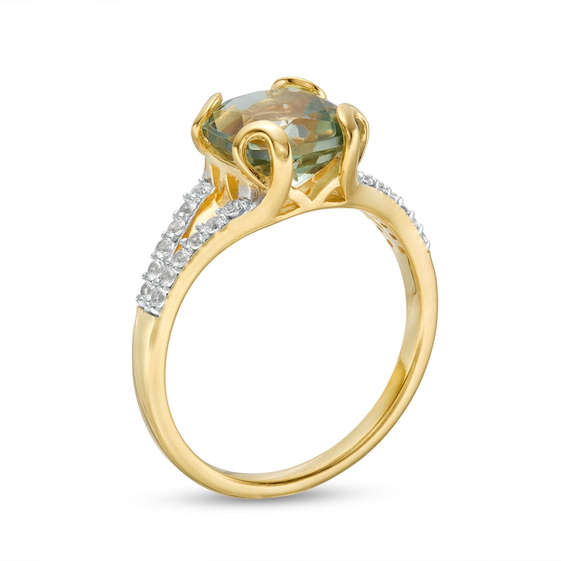 Main Image 2 of 8.0mm Cushion-Cut Green Quartz and White Lab-Created Sapphire Split Shank Ring in Sterling Silver with 14K Gold Plate