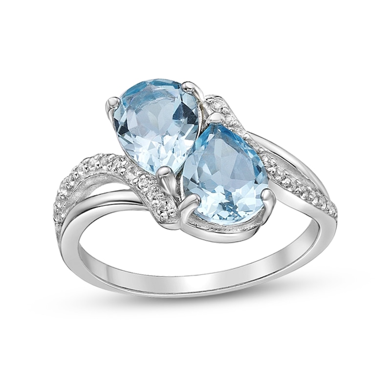 Main Image 1 of Double Pear-Shaped Sky Blue and White Topaz Bypass Split Shank Ring in Sterling Silver