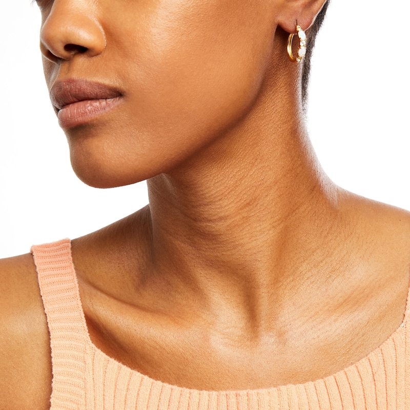 Main Image 2 of Oval Lab-Created Opal and White Topaz Alternating Hoop Earrings in Sterling Silver with 18K Gold Plate