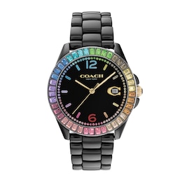 Ladies' Coach Greyson Multi-Color Crystal Accent Rainbow Bezel Black Ceramic Watch with Black Dial (Model: 14504018)