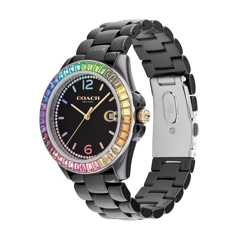 Ladies' Coach Greyson Multi-Color Crystal Accent Rainbow Bezel Black Ceramic Watch with Black Dial (Model: 14504018)