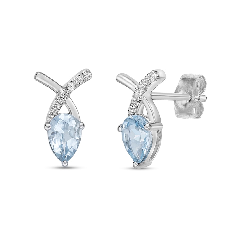 Main Image 1 of Pear-Shaped Aquamarine and 1/20 CT. T.W. Diamond "X" Stud Earrings in 10K White Gold