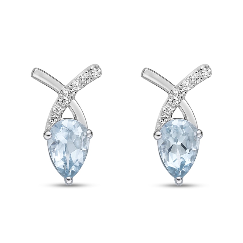 Main Image 3 of Pear-Shaped Aquamarine and 1/20 CT. T.W. Diamond "X" Stud Earrings in 10K White Gold