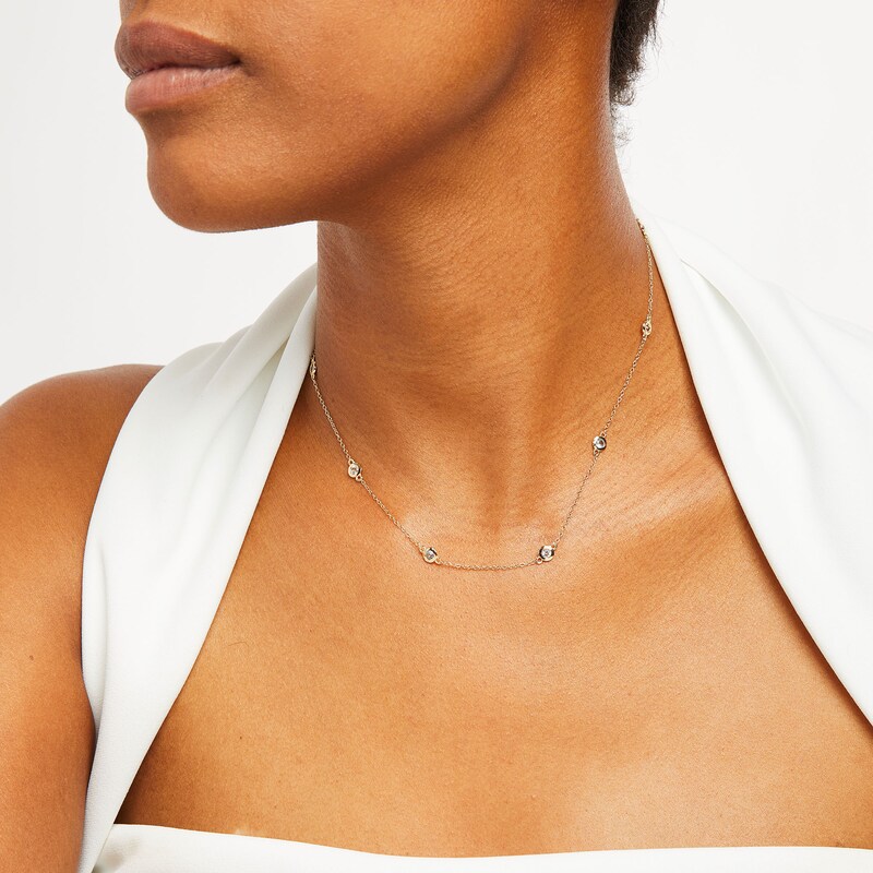 Main Image 2 of Simulated Aquamarine and White Lab-Created Sapphire Station Necklace in Sterling Silver with 18K Gold Plate