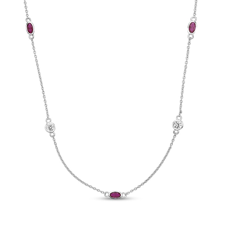 Main Image 1 of Oval Lab-Created Ruby and White Lab-Created Sapphire Alternating Station Necklace in Sterling Silver