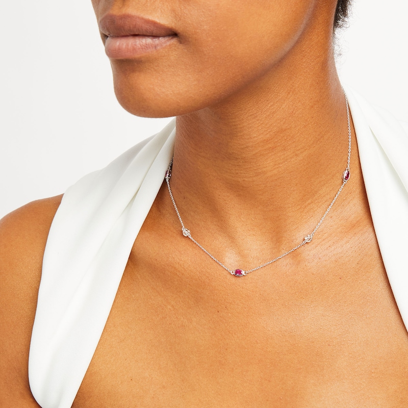 Main Image 2 of Oval Lab-Created Ruby and White Lab-Created Sapphire Alternating Station Necklace in Sterling Silver