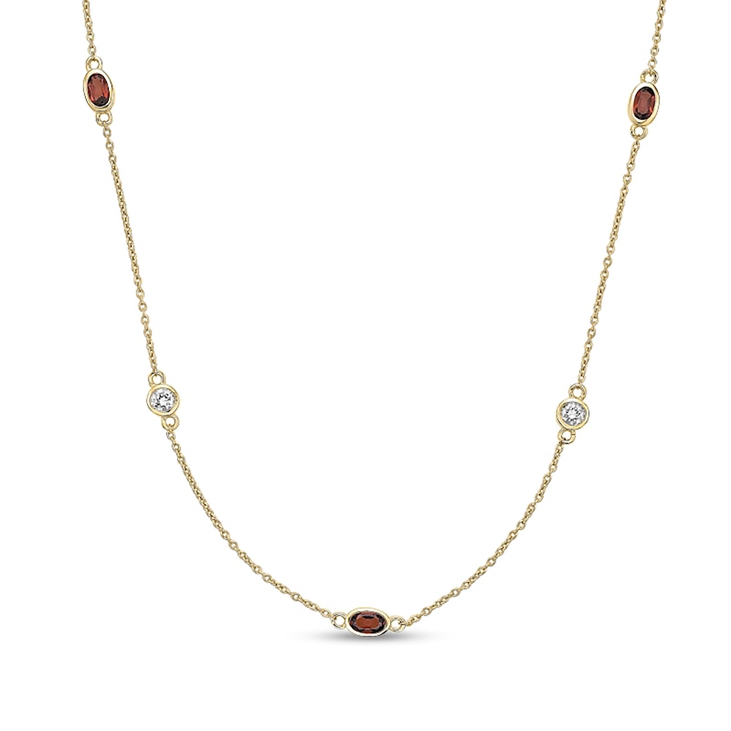 Main Image 1 of Oval Garnet and White Topaz Alternating Station Necklace in Sterling Silver with 18K Gold Plate