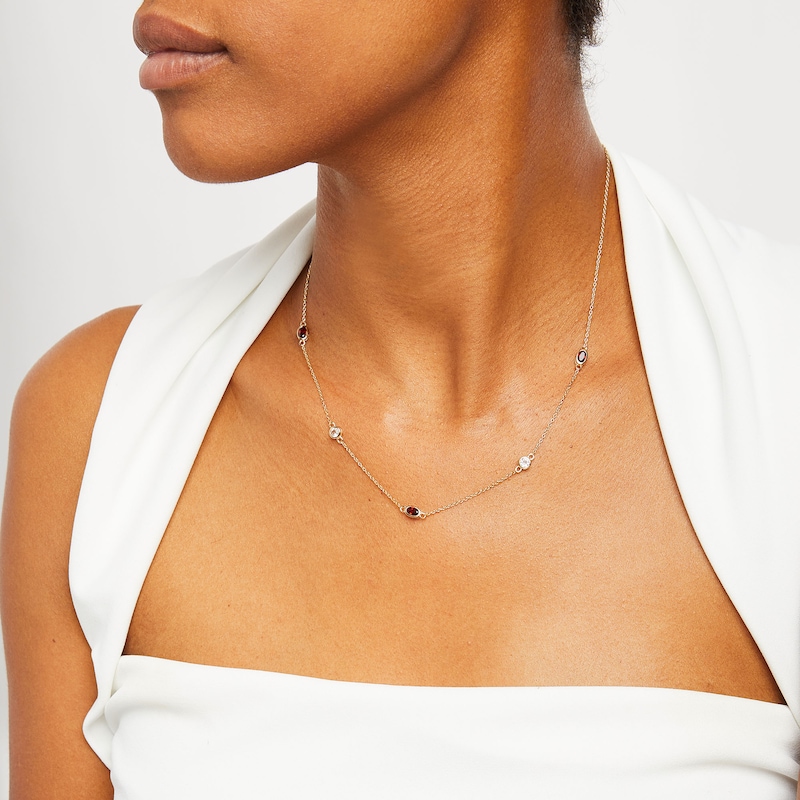 Main Image 2 of Oval Garnet and White Topaz Alternating Station Necklace in Sterling Silver with 18K Gold Plate