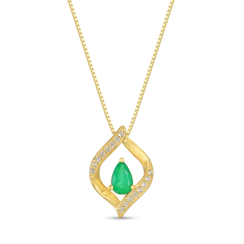 Main Image 1 of Pear-Shaped Emerald and 1/15 CT. T.W. Diamond Twist Frame Pendant in 10K Gold