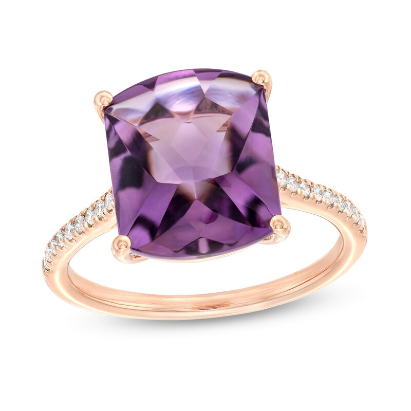 Main Image 1 of EFFY™ Collection Cushion-Cut Amethyst and 1/10 CT. T.W. Diamond Ring in 14K Rose Gold