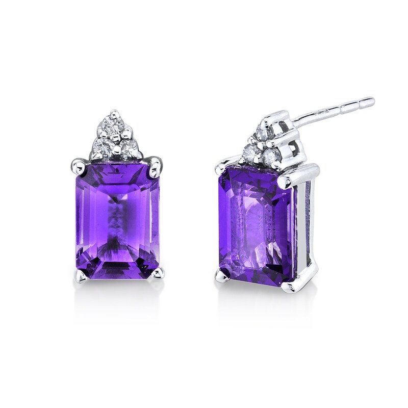 Main Image 1 of Emerald-Cut Amethyst and 1/20 CT. T.W. Diamond Tri-Top Stud Earrings in 14K White Gold