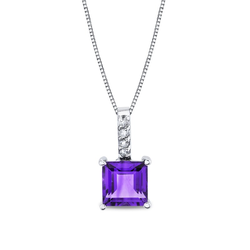 Main Image 1 of 7.0mm Princess-Cut Amethyst and 1/20 CT. T.W. Diamond Drop Pendant in 14K White Gold