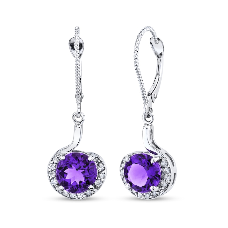 Main Image 1 of 7.0mm Amethyst and 1/6 CT. T.W. Diamond Swirl Frame Rope Drop Earrings in 14K White Gold
