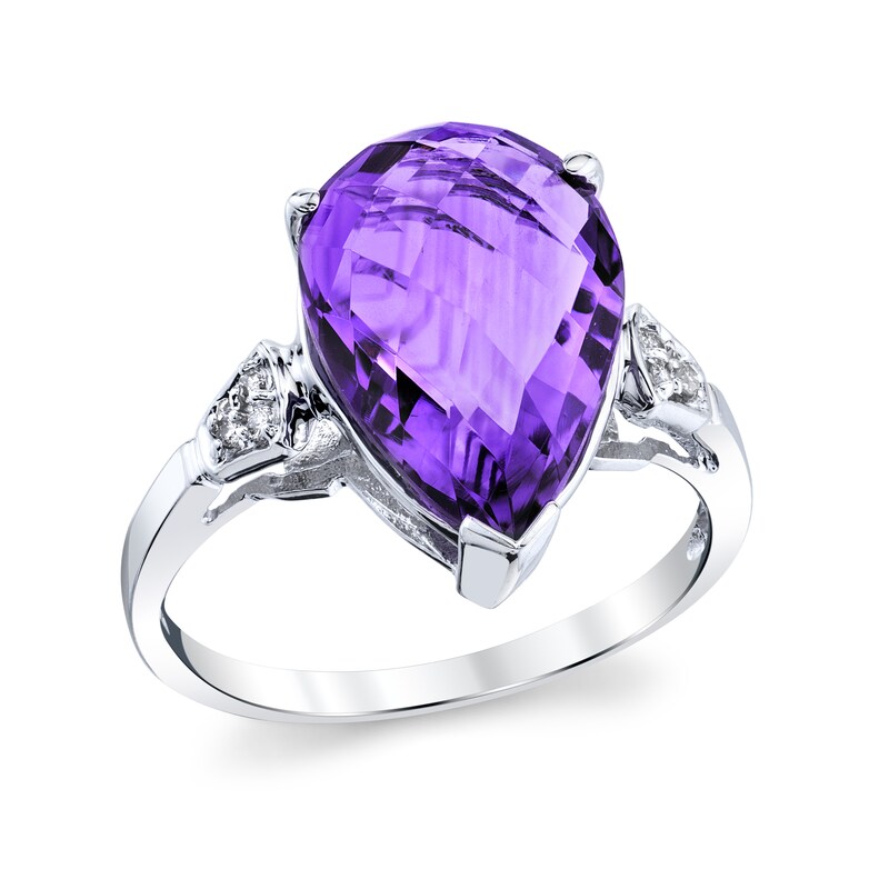 Main Image 1 of Pear-Shaped Amethyst and 1/20 CT. T.W. Diamond Tri-Sides Ring in 14K White Gold