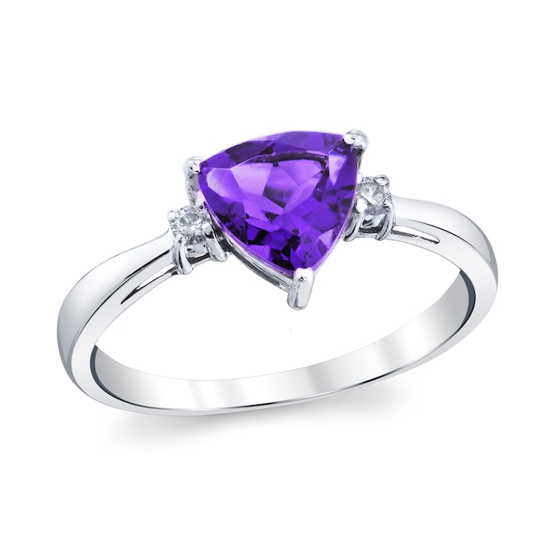 Main Image 1 of 7.0mm Trillion-Cut Amethyst and 1/20 CT. T.W. Diamond Ring in 14K White Gold