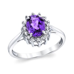 Oval Amethyst and 1/5 CT. T.W. Diamond Sunburst Frame Ring in 14K White Gold